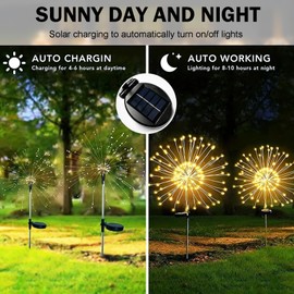 Meision Solar Lights for Outdoor Garden, Pack of 2 150 LEDs Solar Fireworks Garden Lights with 8 Modes, Waterproof Solar Lights, Dandelion Garden Stake for Garden, Patio, Balcony Decoration, Warm