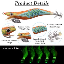Luminous Squid Jig Hook Saltwater Fishing Lures Kit 10pcs Luminous Hard Lure Baits Artificial Squid Jig Hooks Prawn Shrimp Fishing Lures for Octopus Cuttlefish(2.5#-10pcs)