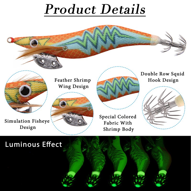 Luminous Squid Jig Hook Saltwater Fishing Lures Kit 10pcs Luminous