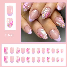24Pcs Short Almond Press on Nails Purple French Tip Fake Nails Colorful Flowers Daisy Full Cover Stick on Nails Nude Pink Press Ons Flower False Nails Spring Summer Nail Designs for Acrylic Nails