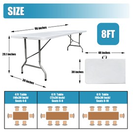 Go-Trio 8 Foot Folding Table 8ft Foldable Portable Plastic Picnic Tables with Handle, Fold in Half Heavy Duty Long Large Utility Table, Indoor Outdoor 8' Fold up Card Tables for Party, Dining, White
