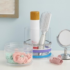 STORi Bella Stackable Clear Plastic Hair Accessory Organizer Set | Round Headband and Hairbrush Holder Stacks on The Storage Containers with Tray Lid | Made in USA