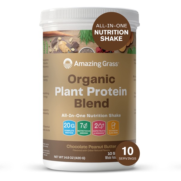 Amazing Grass Organic Plant Protein Blend: Vegan Protein Powder, New Protein Superfood Formula, All-In-One Nutrition Shake with Beet Root, Chocolate Peanut Butter, 10 Servings, 14.8 Ounce (Pack of 1)