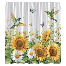 Rustic Sunflower Shower Curtain Watercolor Hummingbird Retro Yellow Flower Green Leaf Plant Farmhouse Spring Country Decor Bathroom Curtains Set with Hooks