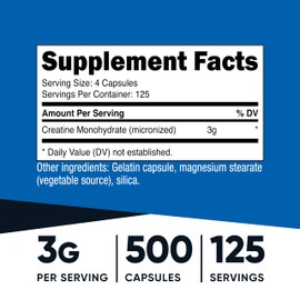 Nutricost Micronized Creatine Monohydrate 3,000mg 500 Capsules, 125 Servings, 750mg of Creatine Monohydrate Per Capsule