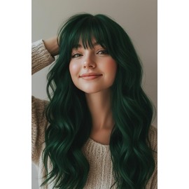 24 Inch Forest Green Wavy Wig with Bangs, Heat Resistant Synthetic Hair for Women, Adjustable Cap with Snap Clips for Daily Use, Wedding, Cosplay