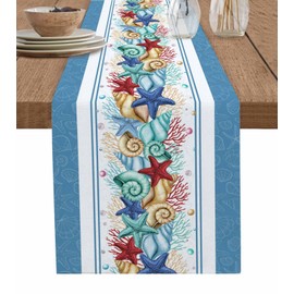 Lsrtoss Blue Coastal Table Runner 108 Inches Long Farmhouse Dress Scarves, Nautical Starfish Coral Shell Beach Ocean Dining Tablerunner for Coffee Table/Kitchen Island/Party Décor, 13" x 108"