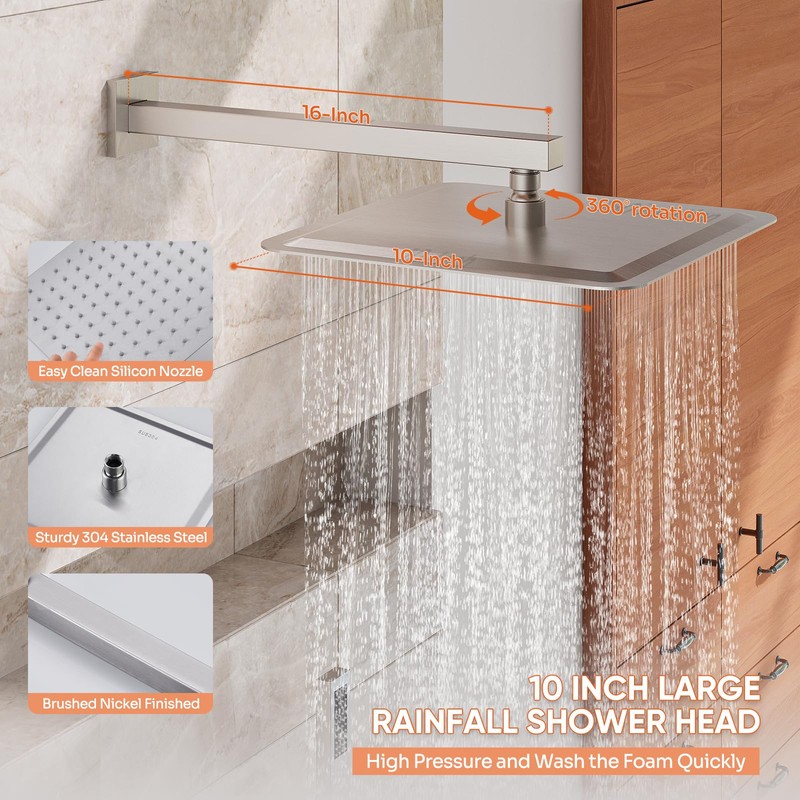Kurpot Shower System, 10'' High Pressure Brushed Nickel Shower Head