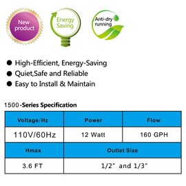 FREESEA 160 GPH 12W Submersible Water Pump for Pond Aquarium Hydroponics Fish Tank Fountain Waterfall