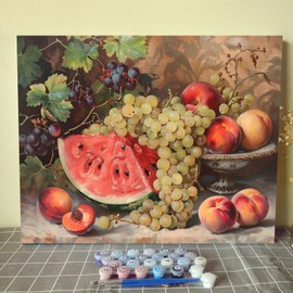Fruits DIY Paint by Numbers for Adults Vintage Fruits DIY Digital Oil Painting Grape Watermelon Orange Peach Plum Painting Kits Canvas Acrylic Paint Funny Room Decor 16x20 Inch （without Frame ）