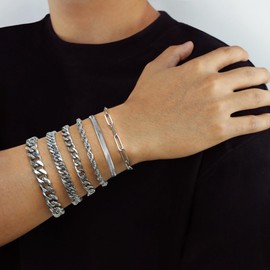 AWARDSEN 6 Pcs Mens Silver Bracelets Stainless Steel Bracelet Cuban Link Chain Stackable Set Mens Jewellery Gift for Men 8.3"