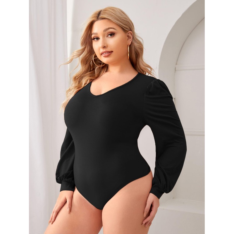 Milumia Women's Plus Size V Neck Long Sleeve Bodysuit Leotards