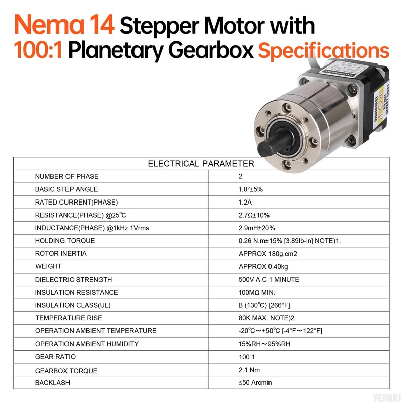 YEJMKJ 100:1 Geared Nema 14 Stepper Motor with Integrated Planetary