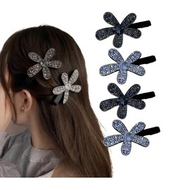 YNOBUN, Korean Style Crystal Filled Flower Hair Clips, Crystal Bangs Clips, Luxury Fashion Duck Bill Clips, Side Clips, Hair Accessories for Women (Set of 4-hs)