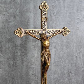 BC Catholic Standing Crucifix for Altar, Tabletop Crucifix Cross Inspirational Home Decor, Catholic Wedding Gift, Devout Gifts, Made of Resin, Vintage Gold Color Finish, 14.75" H Hand Painted by Buildclassic