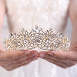 Wekicici Rhinestone Crystal Tiara Princess Queen Crown Bridal Headpiece Hair Accessories Wedding Handband for Women Prom Brithday Costume Party Pageant (Gold)
