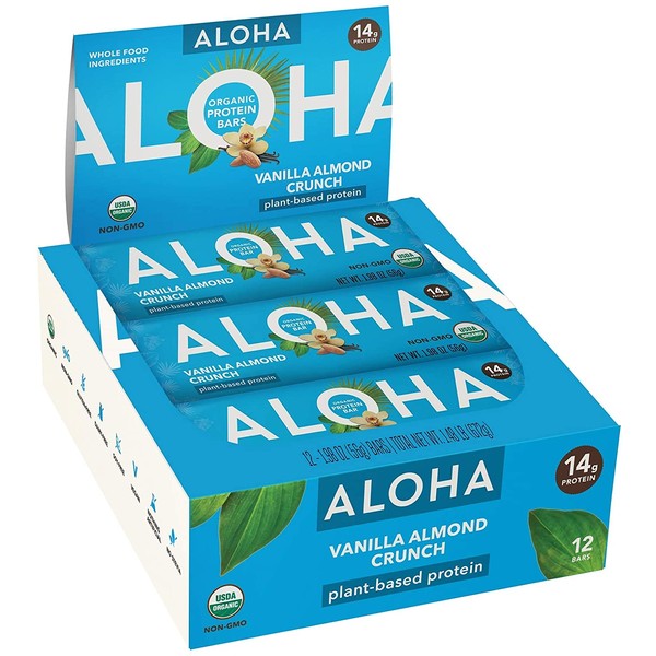 ALOHA Organic Plant Based Protein Bars |Vanilla Almond Crunch | 12 Count, 1.9oz Bars | Vegan, Low Sugar, Gluten Free, Paleo, Low Carb, Non-GMO, Stevia Free, Soy Free, Sugar Alcohol Free