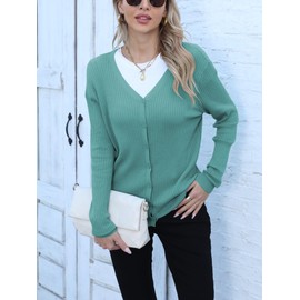 Famulily V Neck Cardigan for Women UK, Ribbed Knit Lightweight Long Sleeve Summer Thin Cardigans (L, Green)