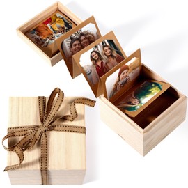 Mini Wooden Pull out Photo Box, DIY 2x3 Album,20 Photos,Natural