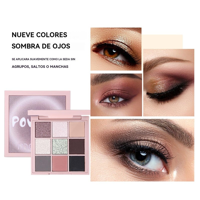 Paleta de Sombras de Ojos 9 Colores, Resistente al Agua