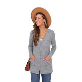 GRECERELLE Womens Cardigan Long Sleeve Open Front Cardigans Button Down V Neck Ribbed Knit Lightweight Outerwear with Pocket (Grey, L)