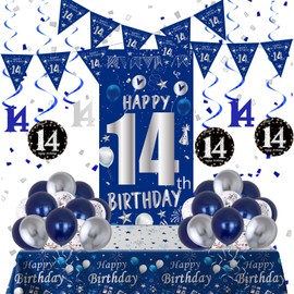 14th Birthday Decorations for Boys Girls, Blue Silver Happy 14th Birthday Party Decorations Supplies - Happy 14 Birthday Backdrop Banner Tablecloth Triangle Flag Balloons for 14 Year Old Bday Party