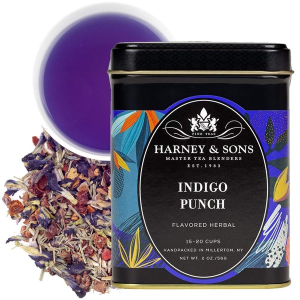 Harney & Sons Indigo Punch Herbal Tea, a fruity herbal tea with butterfly pea flower, lemongrass & raspberry, loose 2 ounce tin (48151)