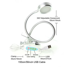 QUANS Dimmable Clip on Clamp LED Gooseneck Desk Light Lamp, Clip-on 3 Color Changeable Reading Lights, C-Clamp Nightlight, USB Port (Silver (3 Color Temperature))