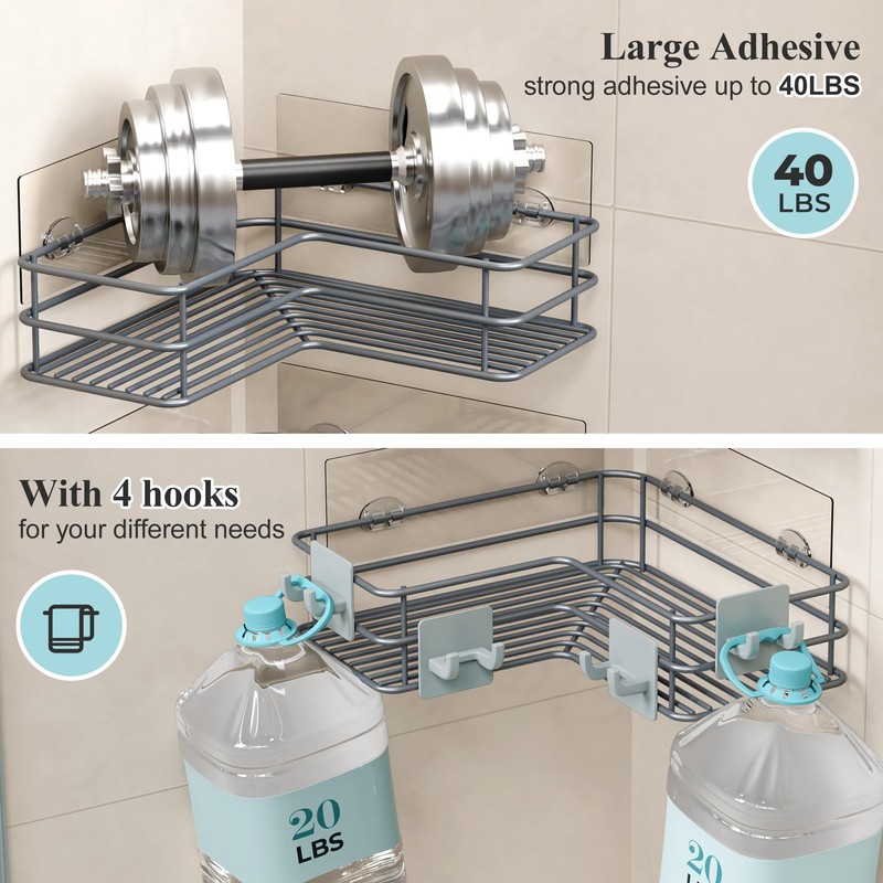 Nieifi Adhesive Corner Shower Caddy Shelf Basket Rack with Hooks,
