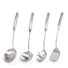 Newness Kitchen Utensil Set, 4pcs - 304 Stainless Steel Cooking Utensil Set with Skimmer Slotted Spoon, Spatula Turner, Spaghetti Server and Soup Ladle, Heat Resistant Kitchen Gadgets Tools for Gift