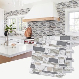 STICKGOO 10-Sheet Marble Look Peel and Stick Wall Tile, 12"x12" Premium Self Adhesive Tiles Kitchen Stick on Backsplash,Brown&Gray