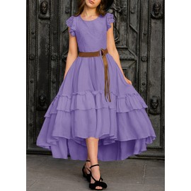 HOSIKA Lace Flower Girls Dress Summer Short Sleeve Princess Vintage Boho Wedding Party A-Line Maxi Dresses 6-12 Years Purple M