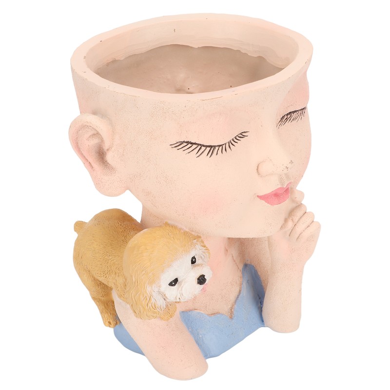 Flower Pot Girl and Dog Cute Style Bottom Drainage Hole