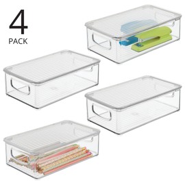 mDesign Plastic Storage Bin Box Container with Lid and Built-in Handles - Organization for Pens, Pencils, or Work Supplies in Home Office, Cabinet, or Desk Top, Ligne Collection - 4 Pack - Clear