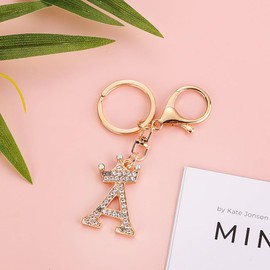 Kysin Chiys Sparkling Gold Letter A-Z Crown Keychain Imitation Crystal Bag Charms Purse For Handbags Metal Alphabet Initial Letter Keychain for Women - A