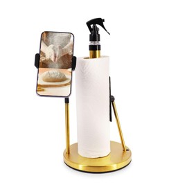 NR Stainless Steel Paper Towel Holder with Built-in Refillable Spray Bottle – One-Handed Tear Arm, Weighted Non-Slip Base, Freestanding Dispenser for Kitchen, Bathroom & Cleaning Use (Gold)