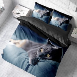 3D Bed Linen Black Cat Duvet Cover Set, 135 x 200 cm + Pillowcase 80 x 80 cm, Cats, Reversible Bed Linen, 2 Pieces, Black, Blue with Zip Closure