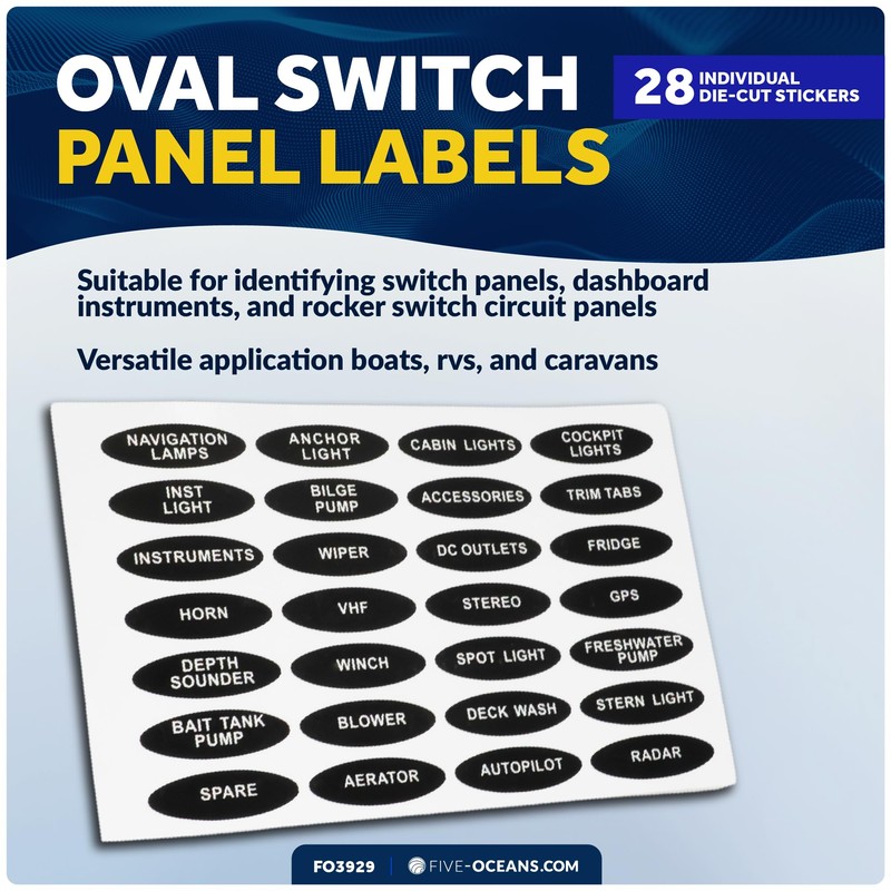 Five Oceans Boat Switch Panel Labels, 28 Pcs per Sheet,