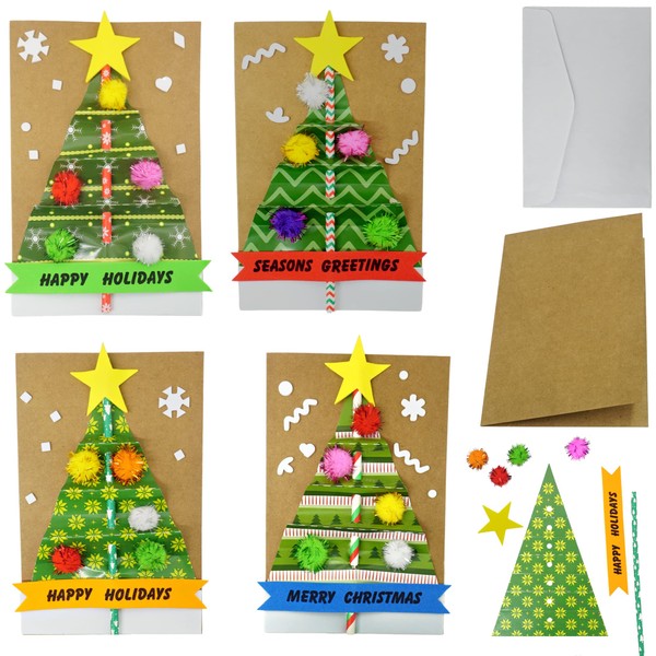 4E's Novelty Christmas Card Making Craft Kit for Kids (12 Pack) DIY Handmade Greeting Card with Envelopes & Supplies for Adults & Kids, Holiday DIY Christmas Party Invitation Card