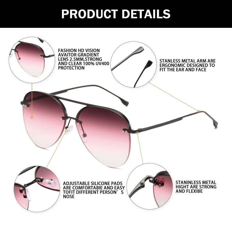 Vanolu Retro Rimless Women Aviator Sunglasses Classic Lady Oversized Sun