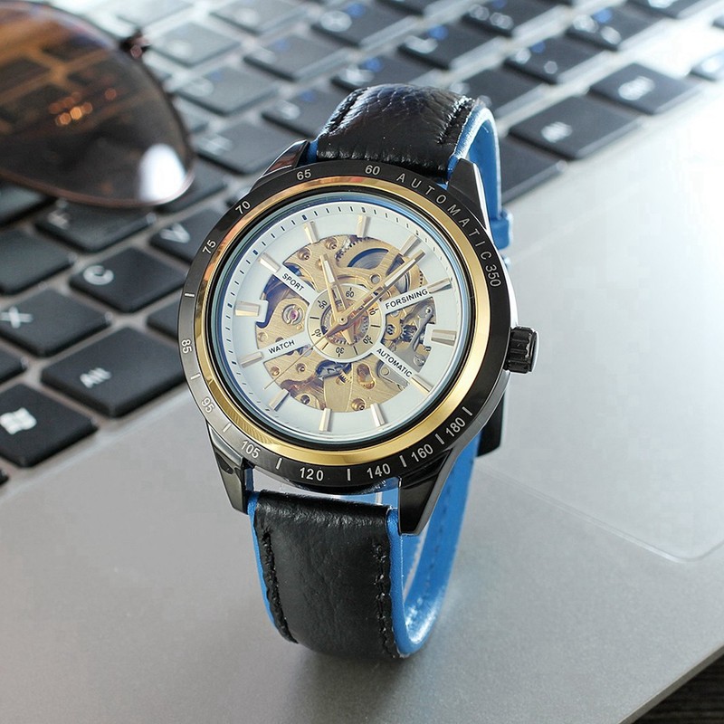 FORSINING Male Automatic Mechanical Watch Leather Strap Round Wristwatch(White Blue)