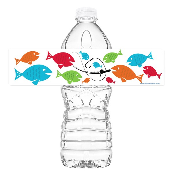 POP parties Fishing Party Bottle Wraps - Set of 20 Waterproof Bottle Stickers - Fishing Water Bottle Labels - Fishing Party Decorations - Made in The USA