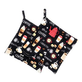 Set of 2 - Espresso Cappuccino Latte Coffee on Black Reversible Square Hot Pot Pan Plate Holders Hot Pads Trivets