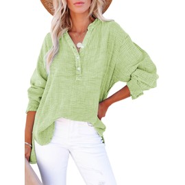 Dokotoo Summer Tops for Womens 2025 Button V Neck Long Sleeve Shirts Solid Color Lightweight Comfy Cotton Textured Fabrication Tunic Tops Oversized T Shirts Fall Fashion Resort Wear Green XL