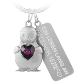 Penguin Keyring with Engraving "Ein Leben Lang an Deiner Seite" Romantic Gift for Lovers Zinc Lucky Charm with Purple Heart Pendant Gift for Girlfriend Couples Valentine's Day
