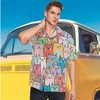 visesunny Colorful Cat Cartoon Animal Hawaiian Shirt Casual Men Button