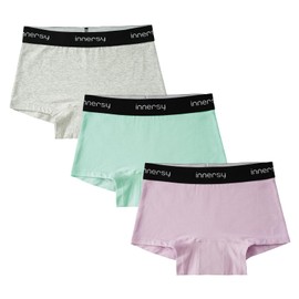 INNERSY Girls Period Boyshorts Underwear Cotton First Starter for Teen Aged 8-16 Panties 3 Pack(12-14 Years, Purple/Green/Grey)