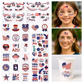 26 Sheets Fourth of July Temporary Tattoos–Patriotic USA Face & Body Stickers for Kids & Adults–Waterproof, Skin-Friendly Red White Blue Designs for 4th of July Independence Day, Parades & BBQ