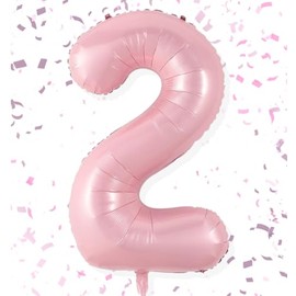 FAMULIA Pink 2 Number Balloons, Number Balloons, Birthday, Large, 35.4 inches (90 cm), Birthday with Straw, Extra Large Size (Milky Pink, 2)
