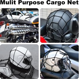 Motorcycle Cargo Net with 6 Hooks, Adjustable Luggage Straps, Bungee Cords for Bikes Motorbike